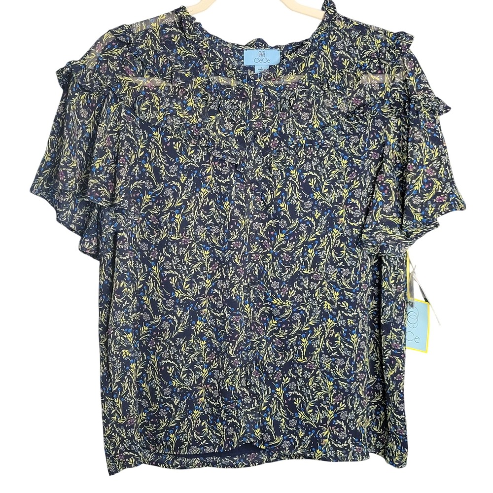 CeCe Blouse Womens L Classic Navy Floral Ruffle Flutter Sleeve Romantic Top Boho